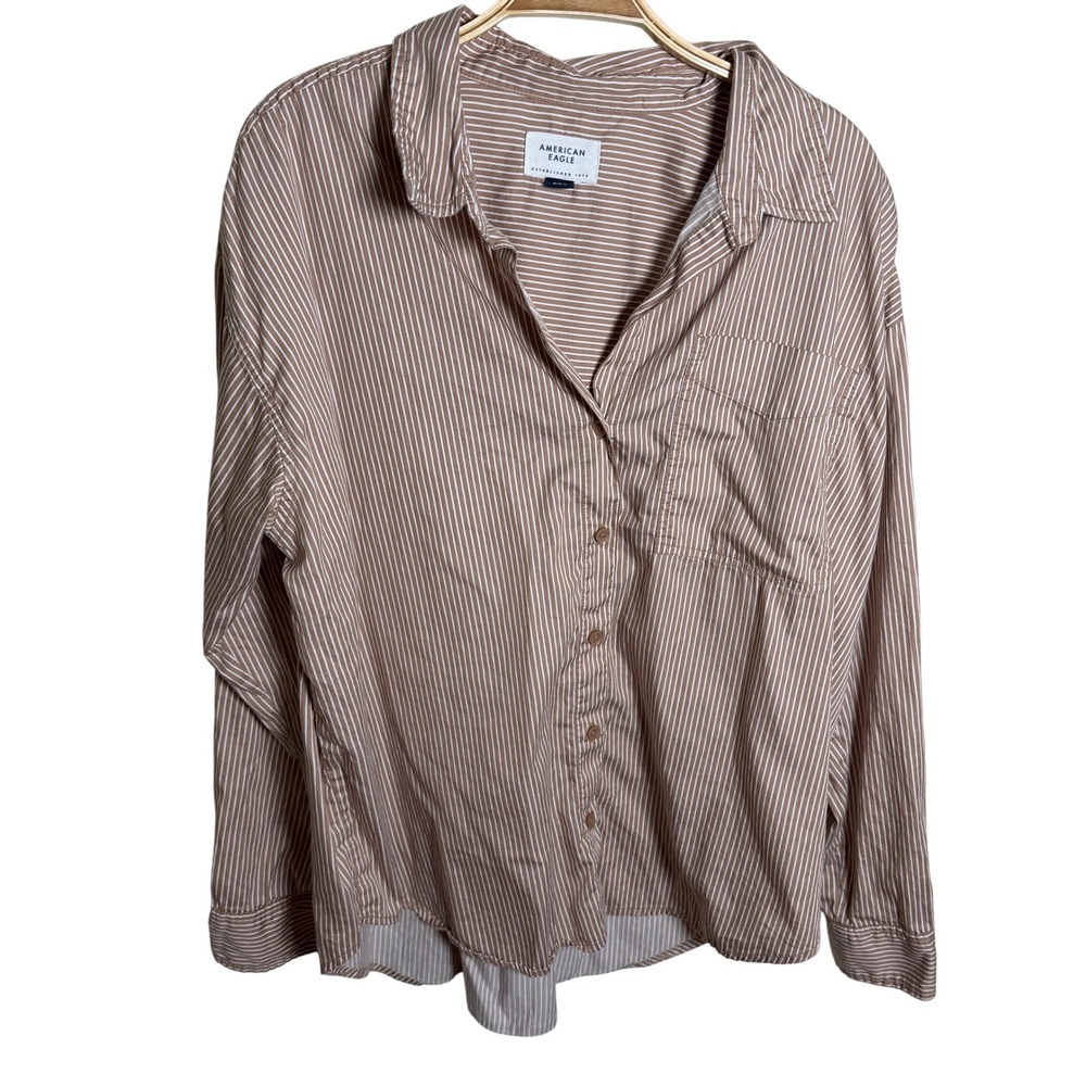 American Eagle Tan White Pinstripe Cotton Button Down Shirt Oversized Medium